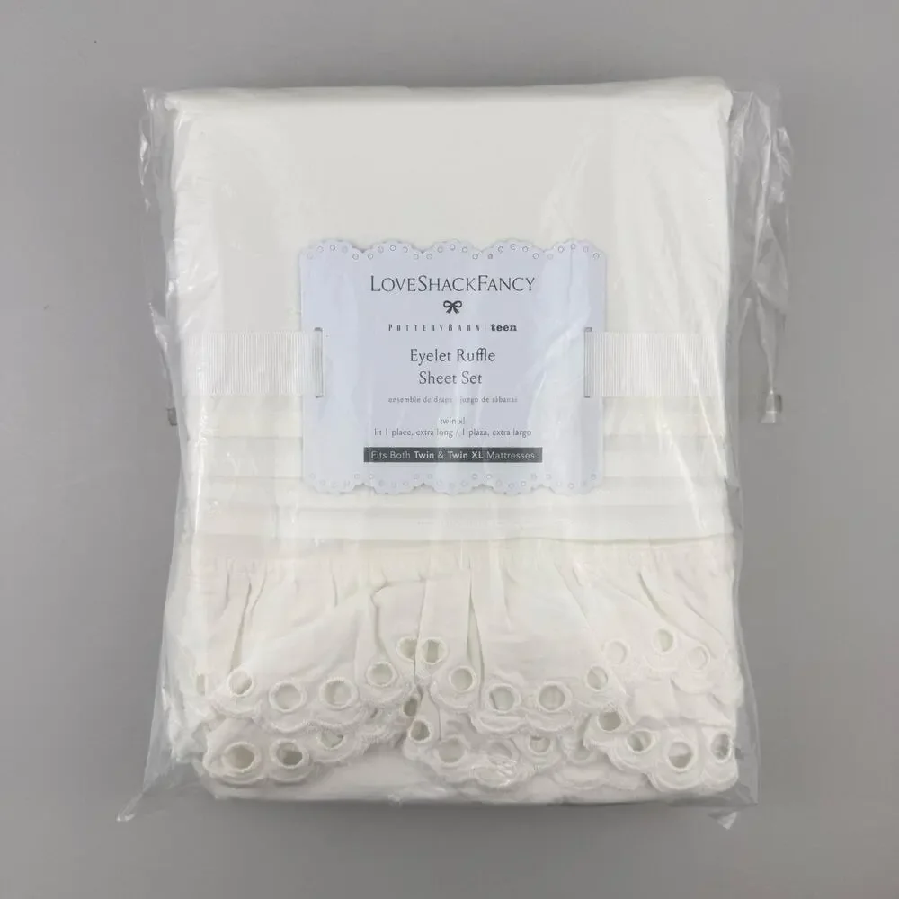 LoveShackFancy X Pottery Barn Teen Eyelet Ruffle Sheet Set TWIN XL White Cotton